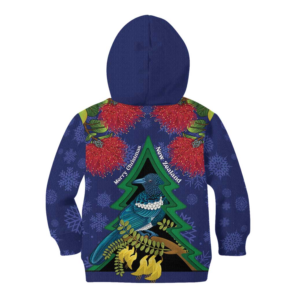 New Zealand Christmas In July Kid Hoodie Kowhai Tui Bird With Pohutukawa - Blue LT14 - Polynesian Pride