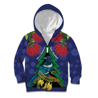 New Zealand Christmas In July Kid Hoodie Kowhai Tui Bird With Pohutukawa - Blue LT14 Zip Hoodie Blue - Polynesian Pride