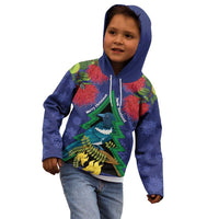 New Zealand Christmas In July Kid Hoodie Kowhai Tui Bird With Pohutukawa - Blue LT14 - Polynesian Pride