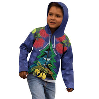 New Zealand Christmas In July Kid Hoodie Kowhai Tui Bird With Pohutukawa - Blue LT14 - Polynesian Pride