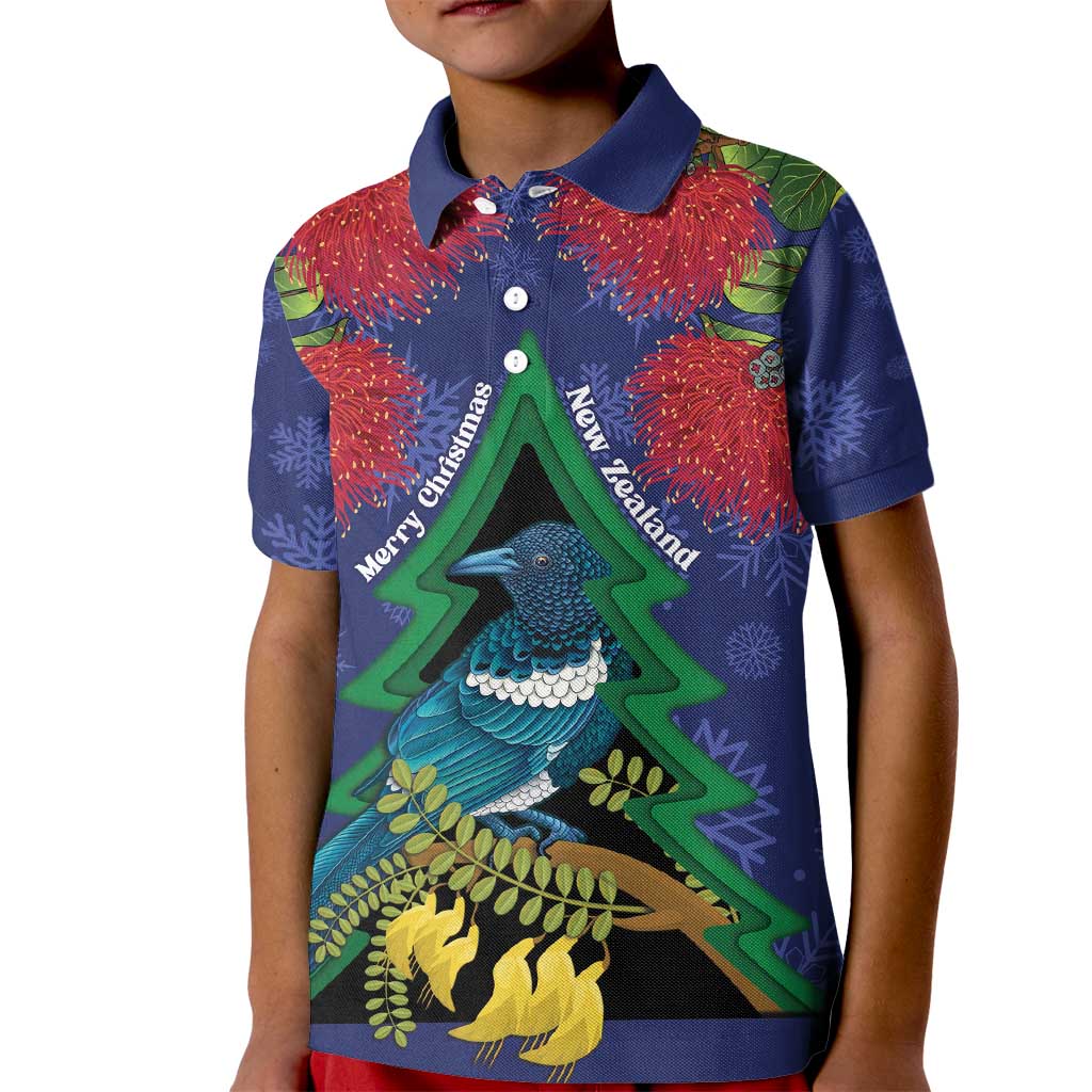 New Zealand Christmas In July Kid Polo Shirt Kowhai Tui Bird With Pohutukawa - Blue LT14 Kid Blue - Polynesian Pride