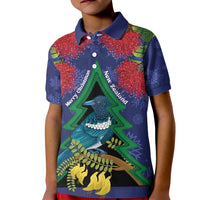 New Zealand Christmas In July Kid Polo Shirt Kowhai Tui Bird With Pohutukawa - Blue LT14 Kid Blue - Polynesian Pride