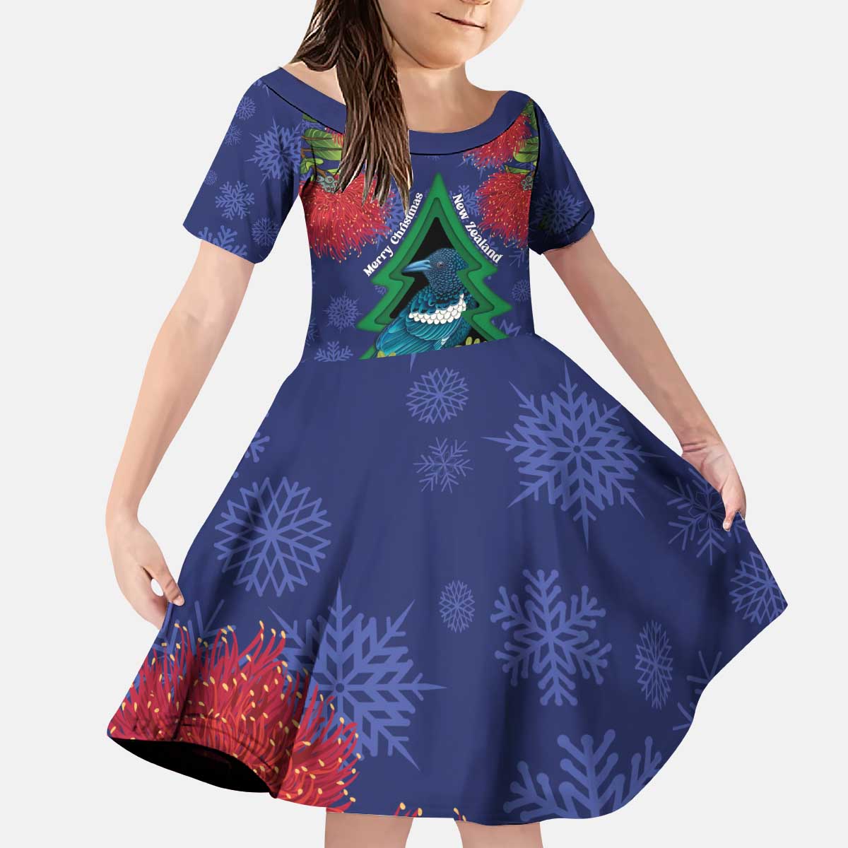 New Zealand Christmas In July Kid Short Sleeve Dress Kowhai Tui Bird With Pohutukawa - Blue LT14 KID Blue - Polynesian Pride
