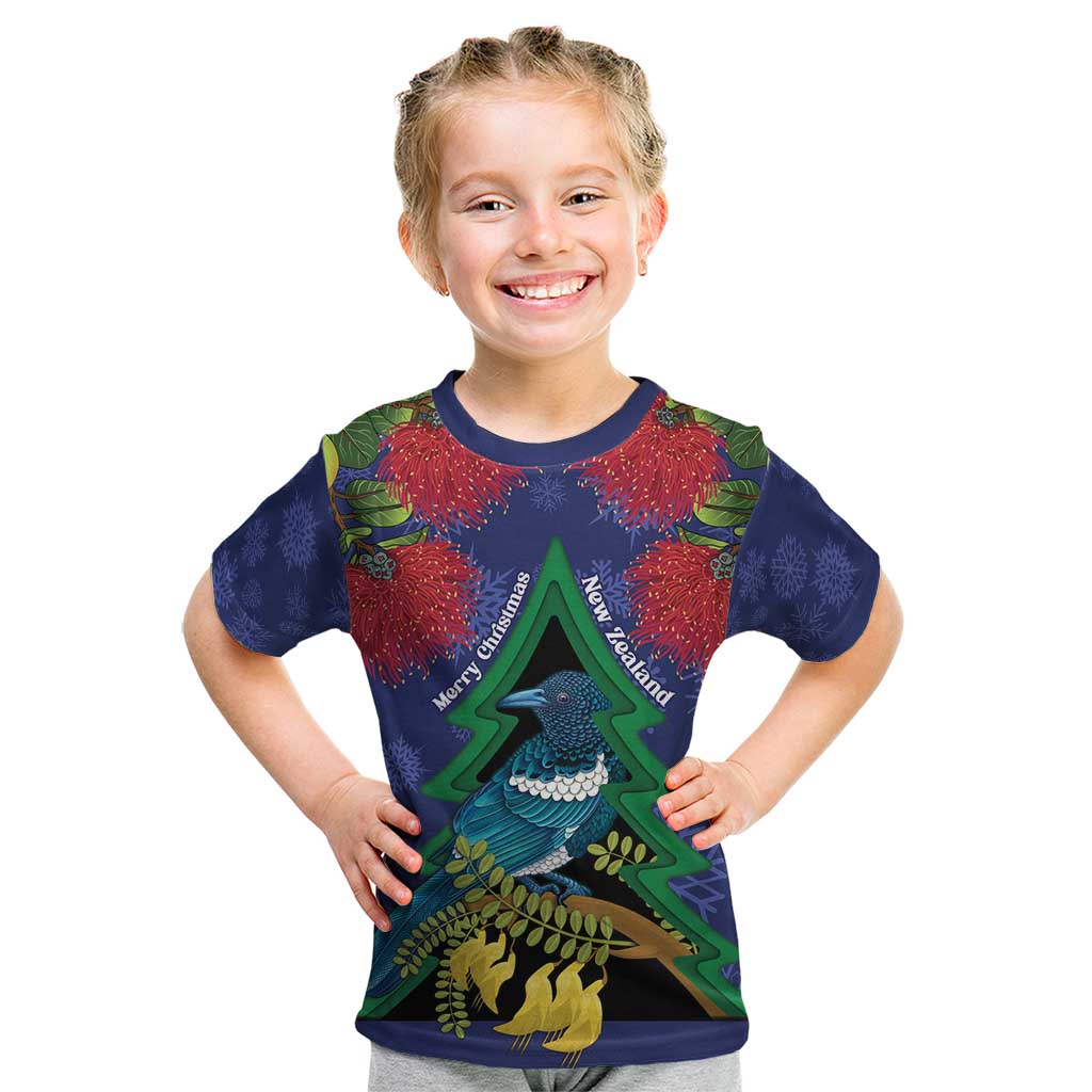 New Zealand Christmas In July Kid T Shirt Kowhai Tui Bird With Pohutukawa - Blue LT14 Blue - Polynesian Pride