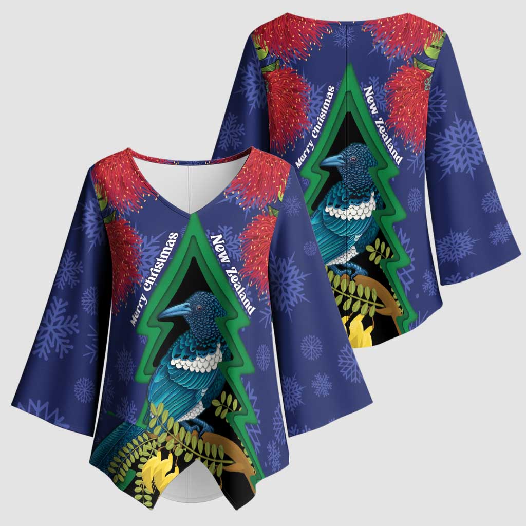 New Zealand Christmas In July Kimono Sleeve Blouse Kowhai Tui Bird With Pohutukawa - Blue LT14 - Polynesian Pride