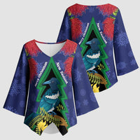 New Zealand Christmas In July Kimono Sleeve Blouse Kowhai Tui Bird With Pohutukawa - Blue LT14 - Polynesian Pride