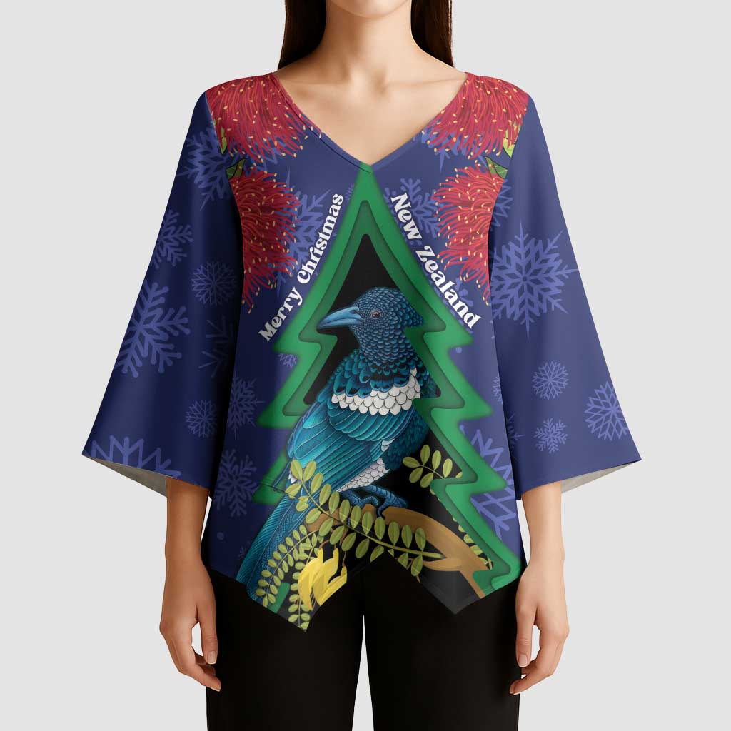 New Zealand Christmas In July Kimono Sleeve Blouse Kowhai Tui Bird With Pohutukawa - Blue LT14 - Polynesian Pride