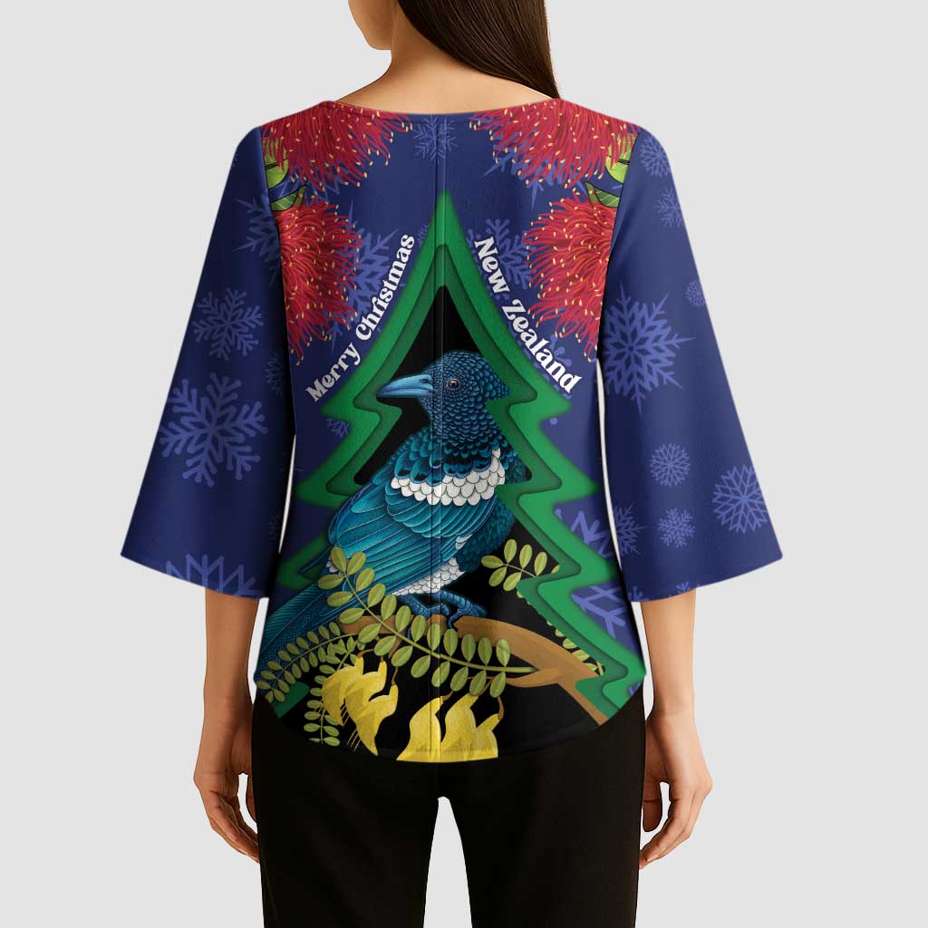 New Zealand Christmas In July Kimono Sleeve Blouse Kowhai Tui Bird With Pohutukawa - Blue LT14 - Polynesian Pride