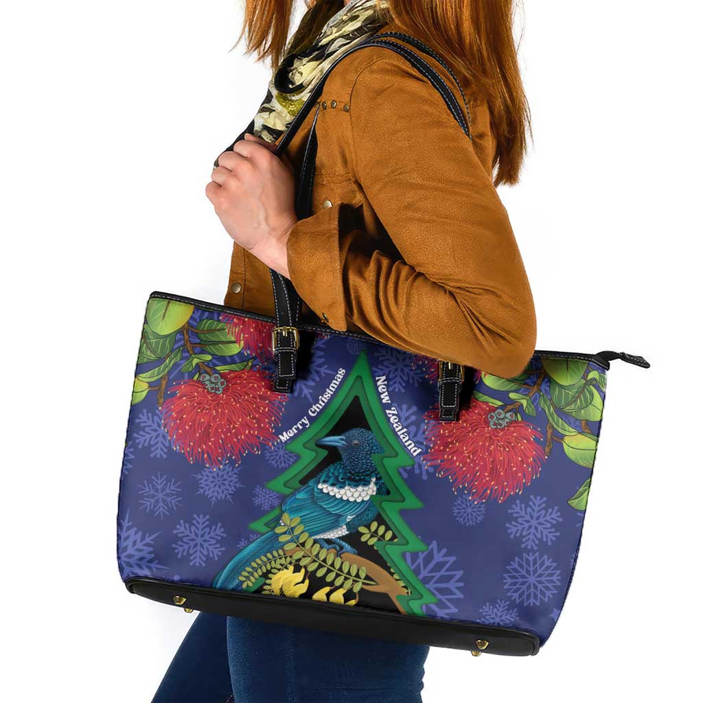 New Zealand Christmas In July Leather Tote Bag Kowhai Tui Bird With Pohutukawa - Blue LT14 Blue - Polynesian Pride