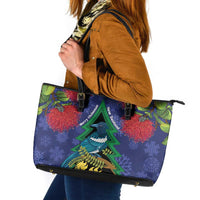 New Zealand Christmas In July Leather Tote Bag Kowhai Tui Bird With Pohutukawa - Blue LT14 Blue - Polynesian Pride