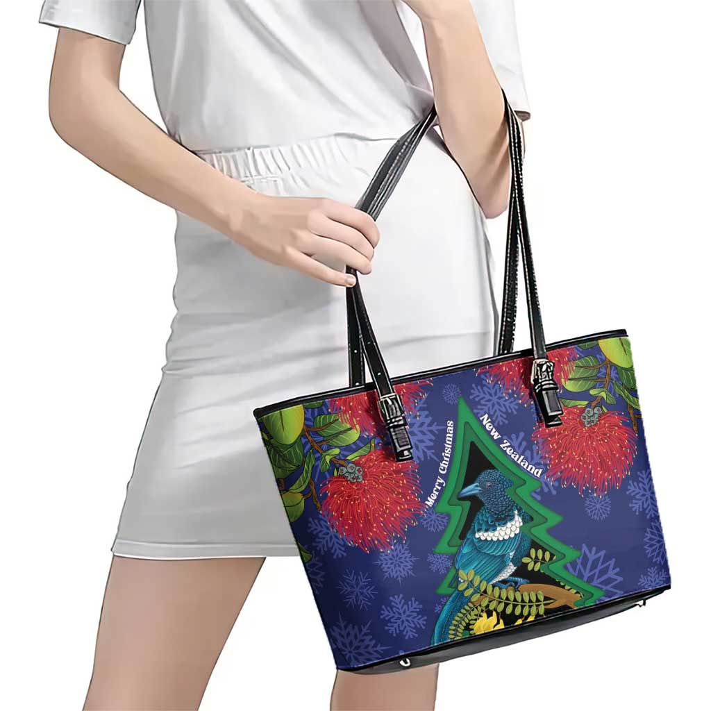 New Zealand Christmas In July Leather Tote Bag Kowhai Tui Bird With Pohutukawa - Blue LT14 - Polynesian Pride
