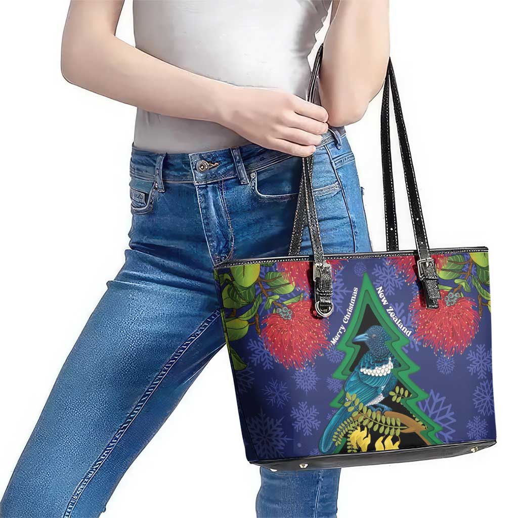 New Zealand Christmas In July Leather Tote Bag Kowhai Tui Bird With Pohutukawa - Blue LT14 - Polynesian Pride