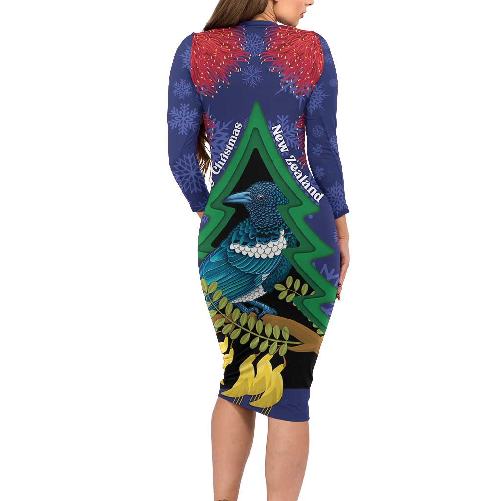 New Zealand Christmas In July Long Sleeve Bodycon Dress Kowhai Tui Bird With Pohutukawa - Blue LT14 - Polynesian Pride