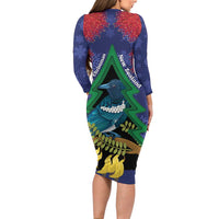 New Zealand Christmas In July Long Sleeve Bodycon Dress Kowhai Tui Bird With Pohutukawa - Blue LT14 - Polynesian Pride
