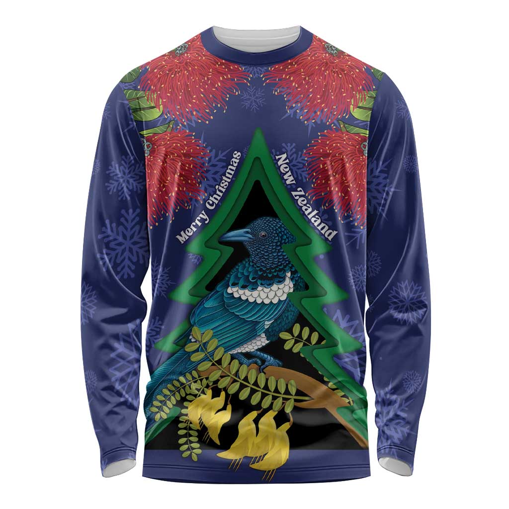 New Zealand Christmas In July Long Sleeve Shirt Kowhai Tui Bird With Pohutukawa - Blue LT14 Unisex Blue - Polynesian Pride
