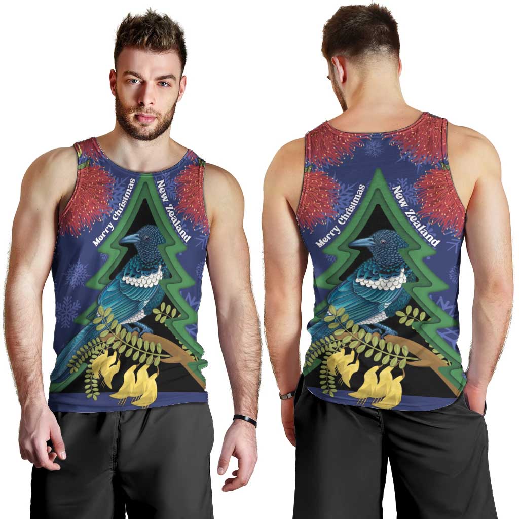New Zealand Christmas In July Men Tank Top Kowhai Tui Bird With Pohutukawa - Blue LT14 - Polynesian Pride