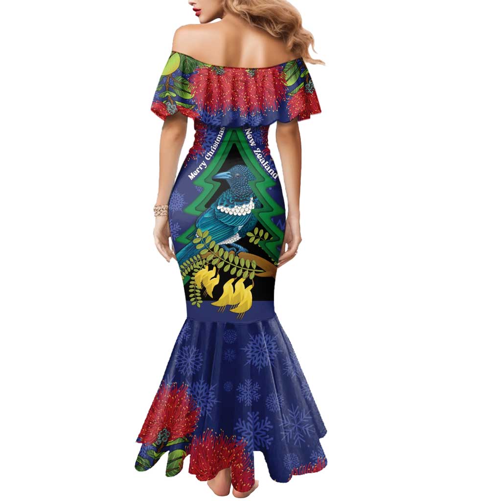 New Zealand Christmas In July Mermaid Dress Kowhai Tui Bird With Pohutukawa - Blue LT14 - Polynesian Pride