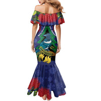 New Zealand Christmas In July Mermaid Dress Kowhai Tui Bird With Pohutukawa - Blue LT14 - Polynesian Pride