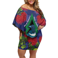 New Zealand Christmas In July Off Shoulder Short Dress Kowhai Tui Bird With Pohutukawa - Blue LT14 Women Blue - Polynesian Pride