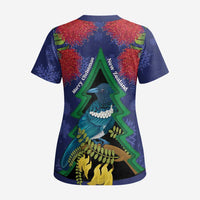 New Zealand Christmas In July Scrub Top Kowhai Tui Bird With Pohutukawa - Blue - Polynesian Pride