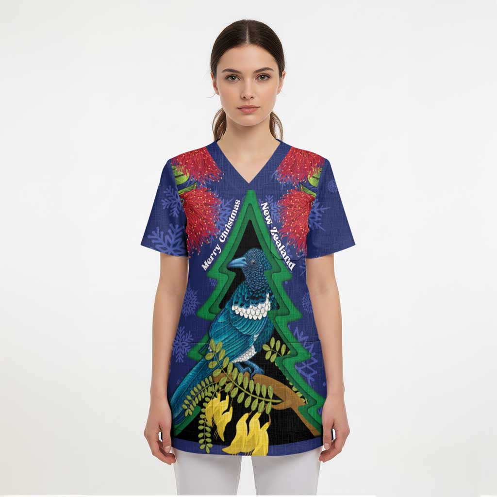 New Zealand Christmas In July Scrub Top Kowhai Tui Bird With Pohutukawa - Blue - Polynesian Pride