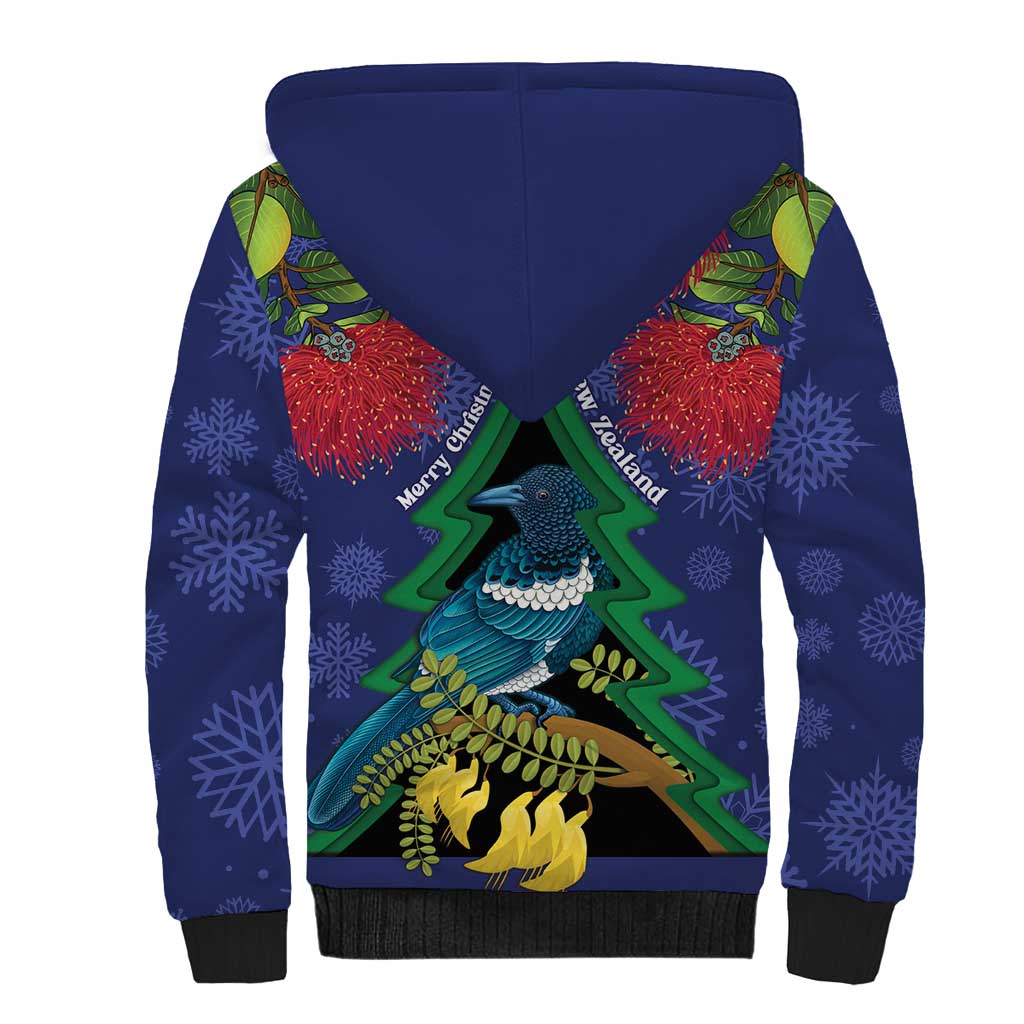 New Zealand Christmas In July Sherpa Hoodie Kowhai Tui Bird With Pohutukawa - Blue LT14 - Polynesian Pride