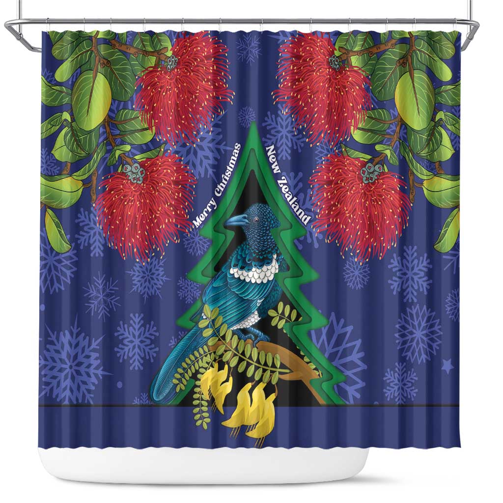 New Zealand Christmas In July Shower Curtain Kowhai Tui Bird With Pohutukawa - Blue LT14 Blue - Polynesian Pride