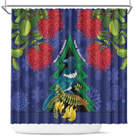 New Zealand Christmas In July Shower Curtain Kowhai Tui Bird With Pohutukawa - Blue LT14 Blue - Polynesian Pride