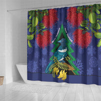 New Zealand Christmas In July Shower Curtain Kowhai Tui Bird With Pohutukawa - Blue LT14 - Polynesian Pride