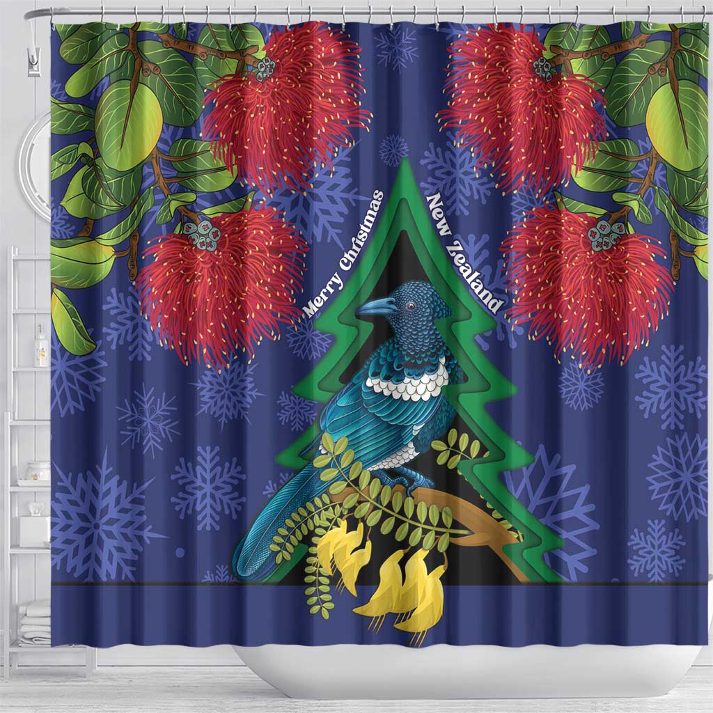 New Zealand Christmas In July Shower Curtain Kowhai Tui Bird With Pohutukawa - Blue LT14 - Polynesian Pride