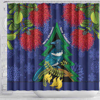 New Zealand Christmas In July Shower Curtain Kowhai Tui Bird With Pohutukawa - Blue LT14 - Polynesian Pride