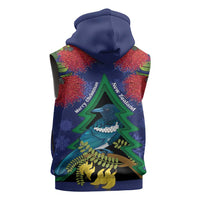 New Zealand Christmas In July Sleeveless Hoodie Kowhai Tui Bird With Pohutukawa - Blue LT14 - Polynesian Pride