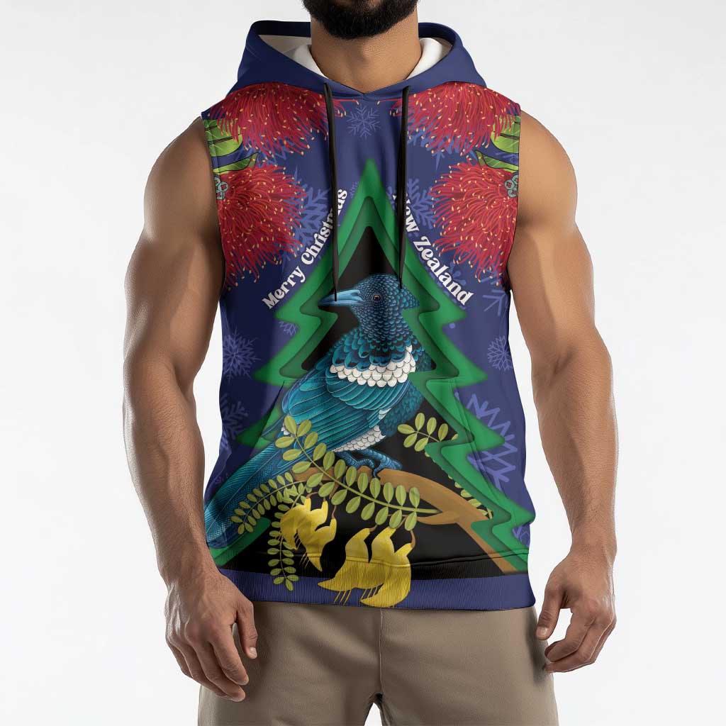 New Zealand Christmas In July Sleeveless Hoodie Kowhai Tui Bird With Pohutukawa - Blue LT14 - Polynesian Pride