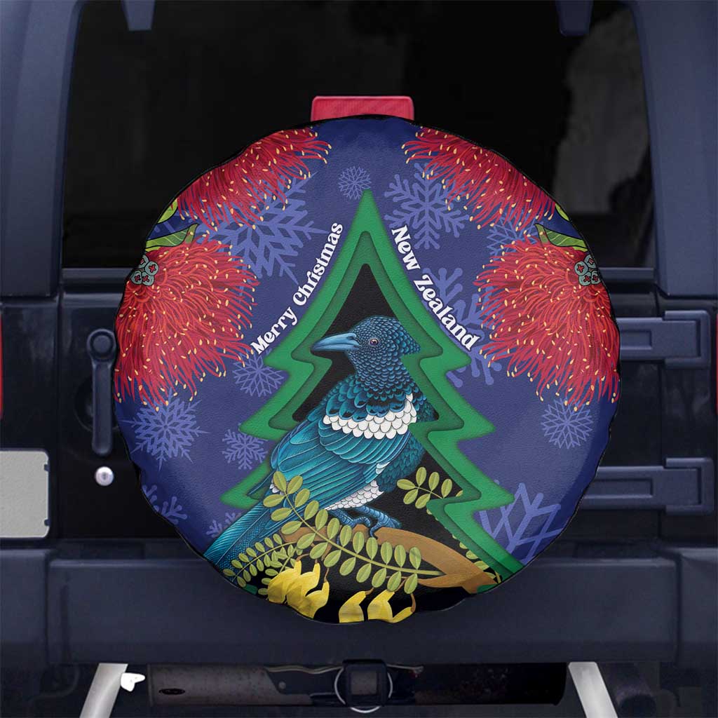New Zealand Christmas In July Spare Tire Cover Kowhai Tui Bird With Pohutukawa - Blue LT14 No hole Blue - Polynesian Pride