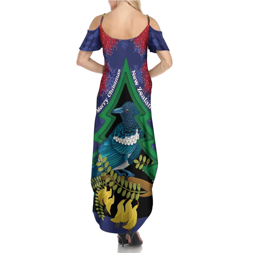New Zealand Christmas In July Summer Maxi Dress Kowhai Tui Bird With Pohutukawa - Blue LT14 - Polynesian Pride