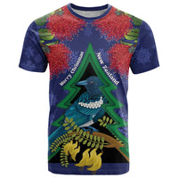New Zealand Christmas In July T Shirt Kowhai Tui Bird With Pohutukawa - Blue LT14 Blue - Polynesian Pride