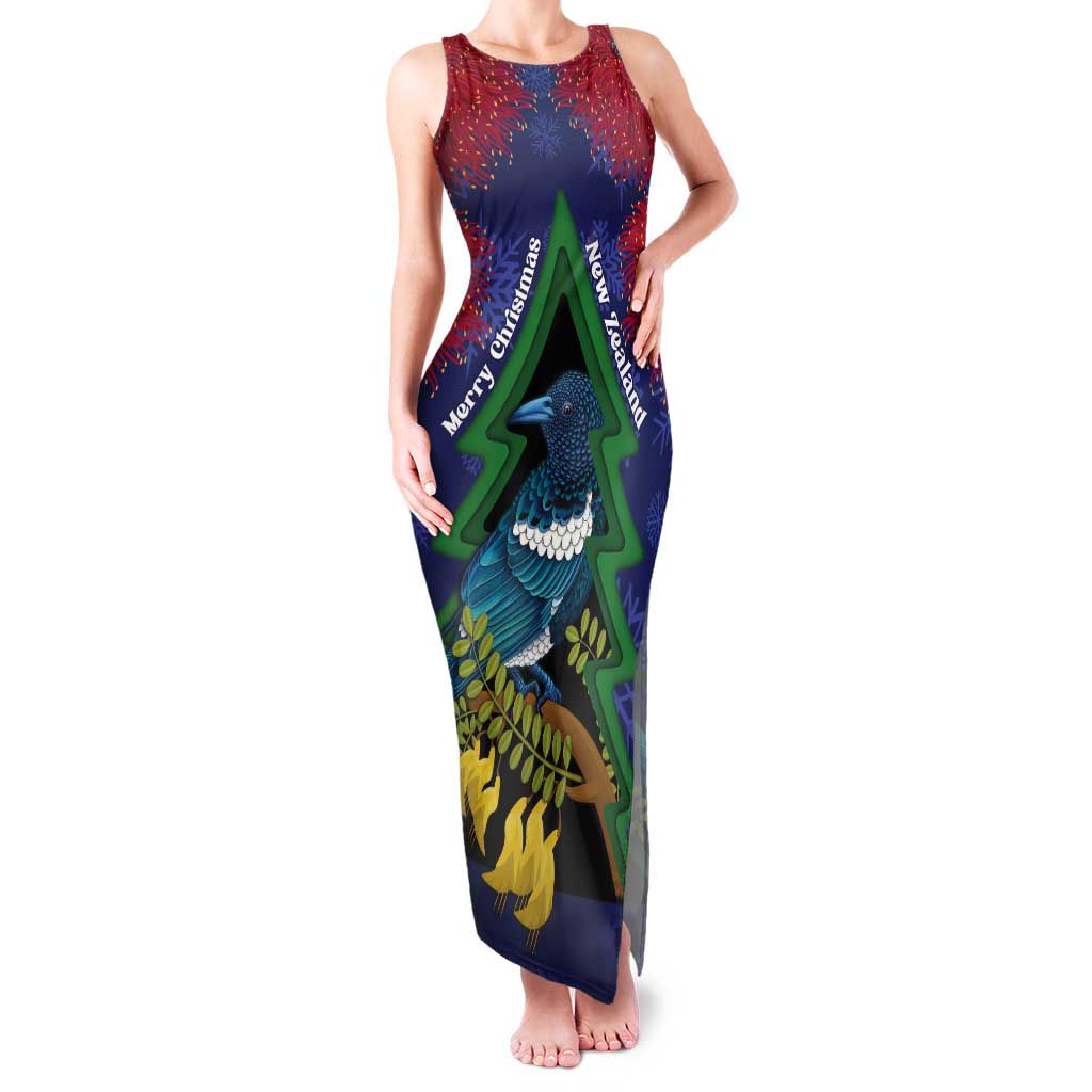 New Zealand Christmas In July Tank Maxi Dress Kowhai Tui Bird With Pohutukawa - Blue LT14 Women Blue - Polynesian Pride