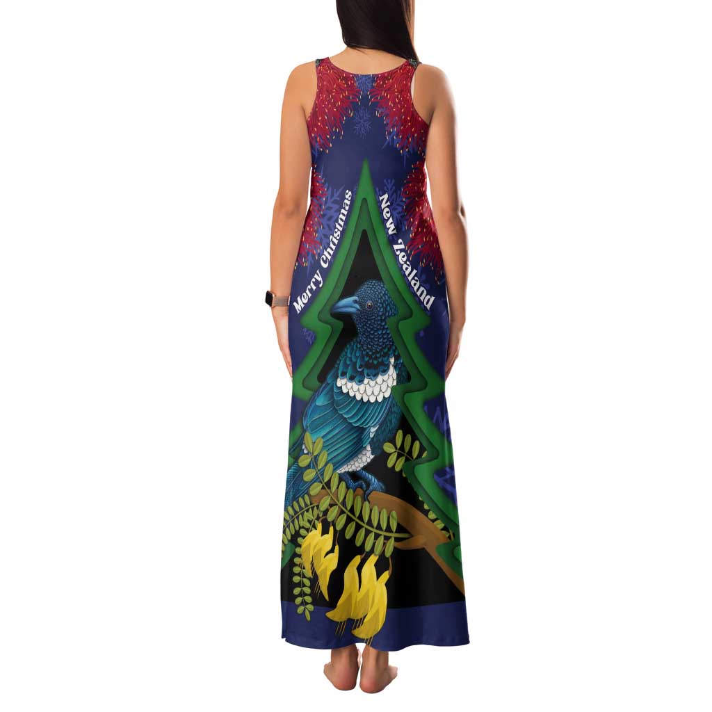 New Zealand Christmas In July Tank Maxi Dress Kowhai Tui Bird With Pohutukawa - Blue LT14 - Polynesian Pride