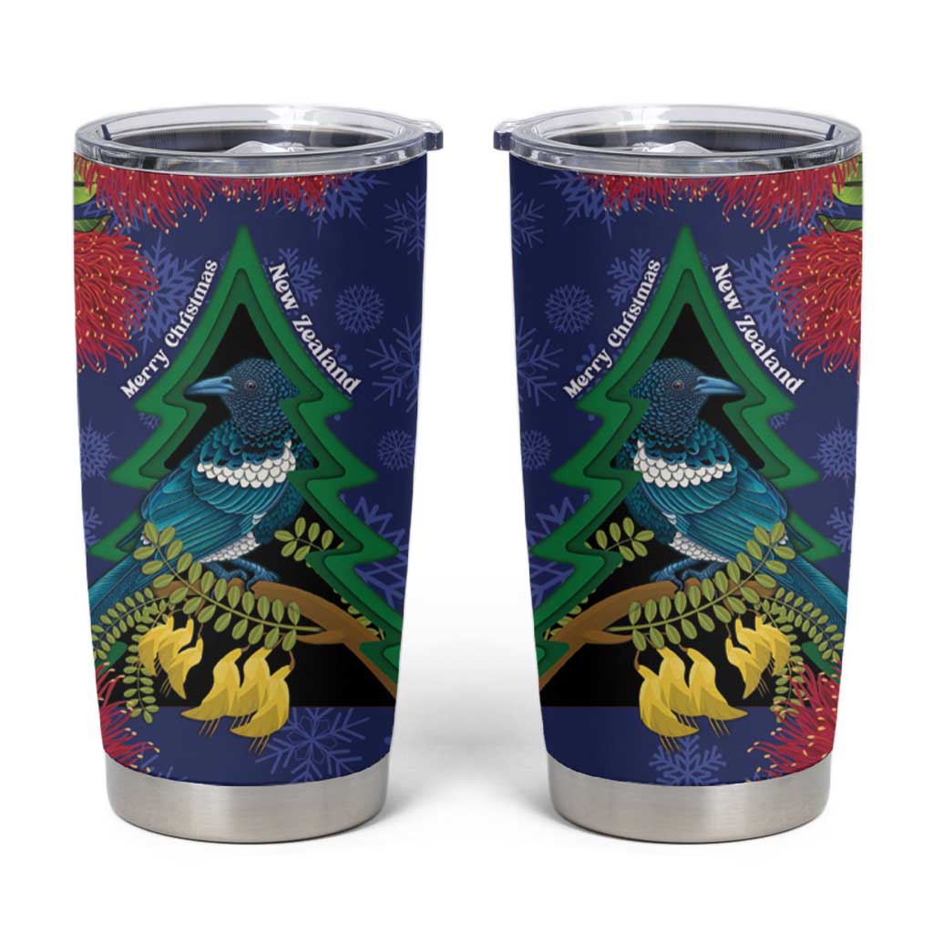New Zealand Christmas In July Tumbler Cup Kowhai Tui Bird With Pohutukawa - Blue LT14 Blue - Polynesian Pride