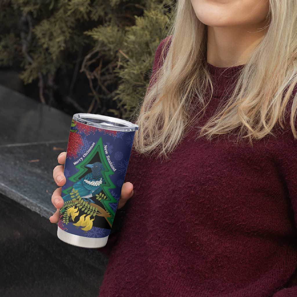 New Zealand Christmas In July Tumbler Cup Kowhai Tui Bird With Pohutukawa - Blue LT14 - Polynesian Pride