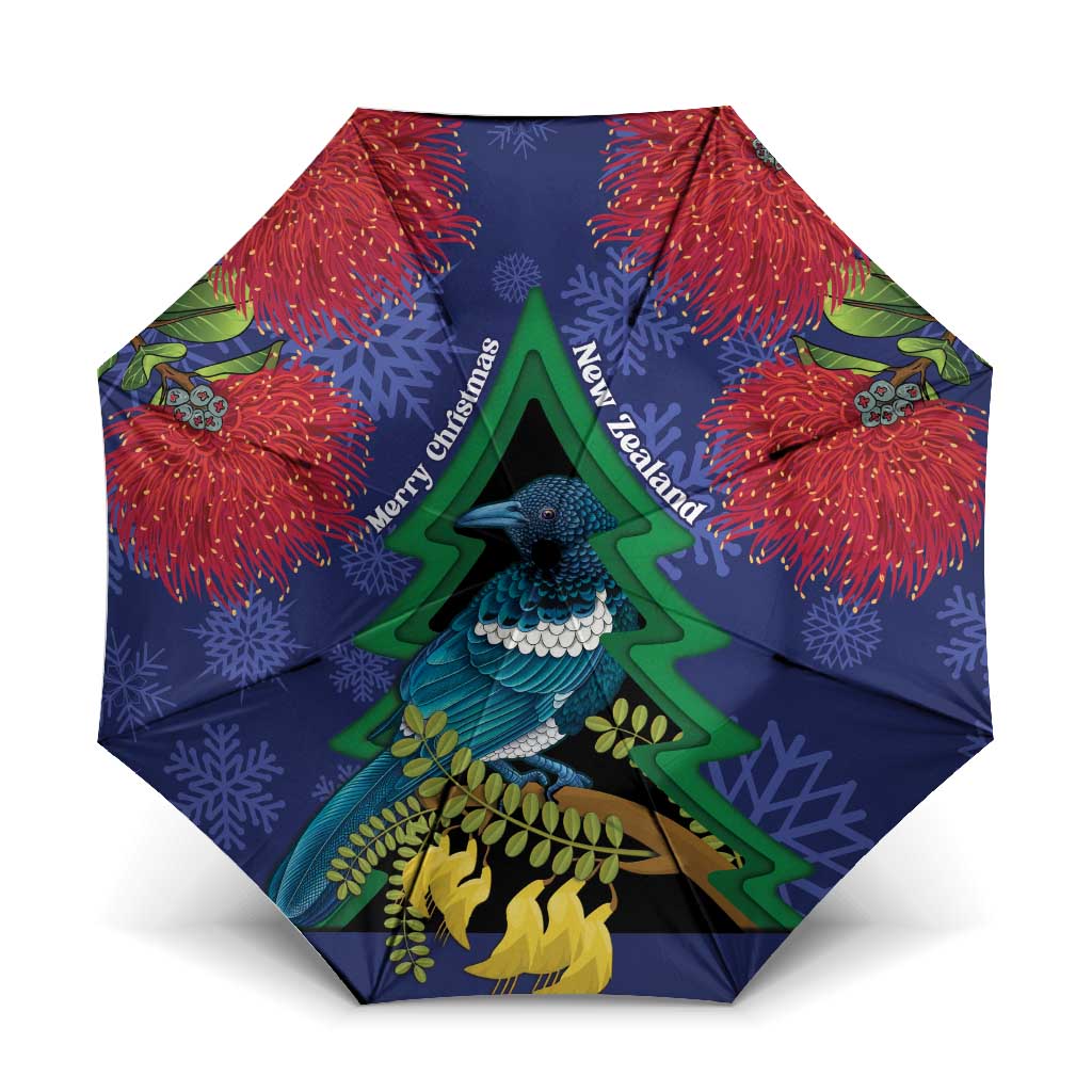 New Zealand Christmas In July Umbrella Kowhai Tui Bird With Pohutukawa - Blue - Polynesian Pride