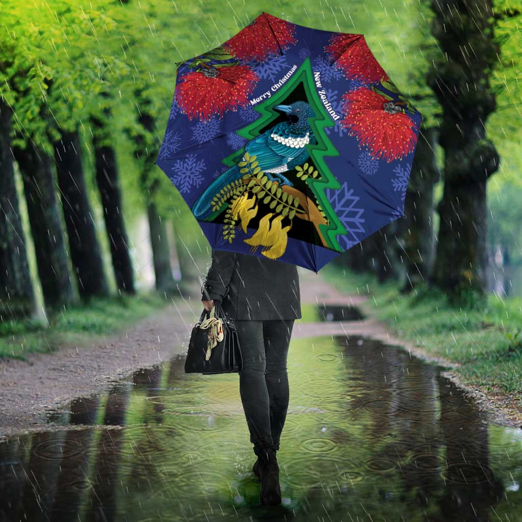 New Zealand Christmas In July Umbrella Kowhai Tui Bird With Pohutukawa - Blue - Polynesian Pride