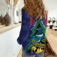 New Zealand Christmas In July Women Casual Shirt Kowhai Tui Bird With Pohutukawa - Blue LT14 - Polynesian Pride