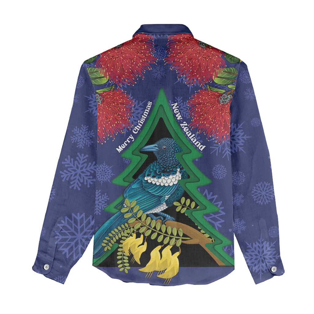 New Zealand Christmas In July Women Casual Shirt Kowhai Tui Bird With Pohutukawa - Blue LT14 - Polynesian Pride