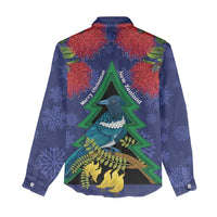 New Zealand Christmas In July Women Casual Shirt Kowhai Tui Bird With Pohutukawa - Blue LT14 - Polynesian Pride