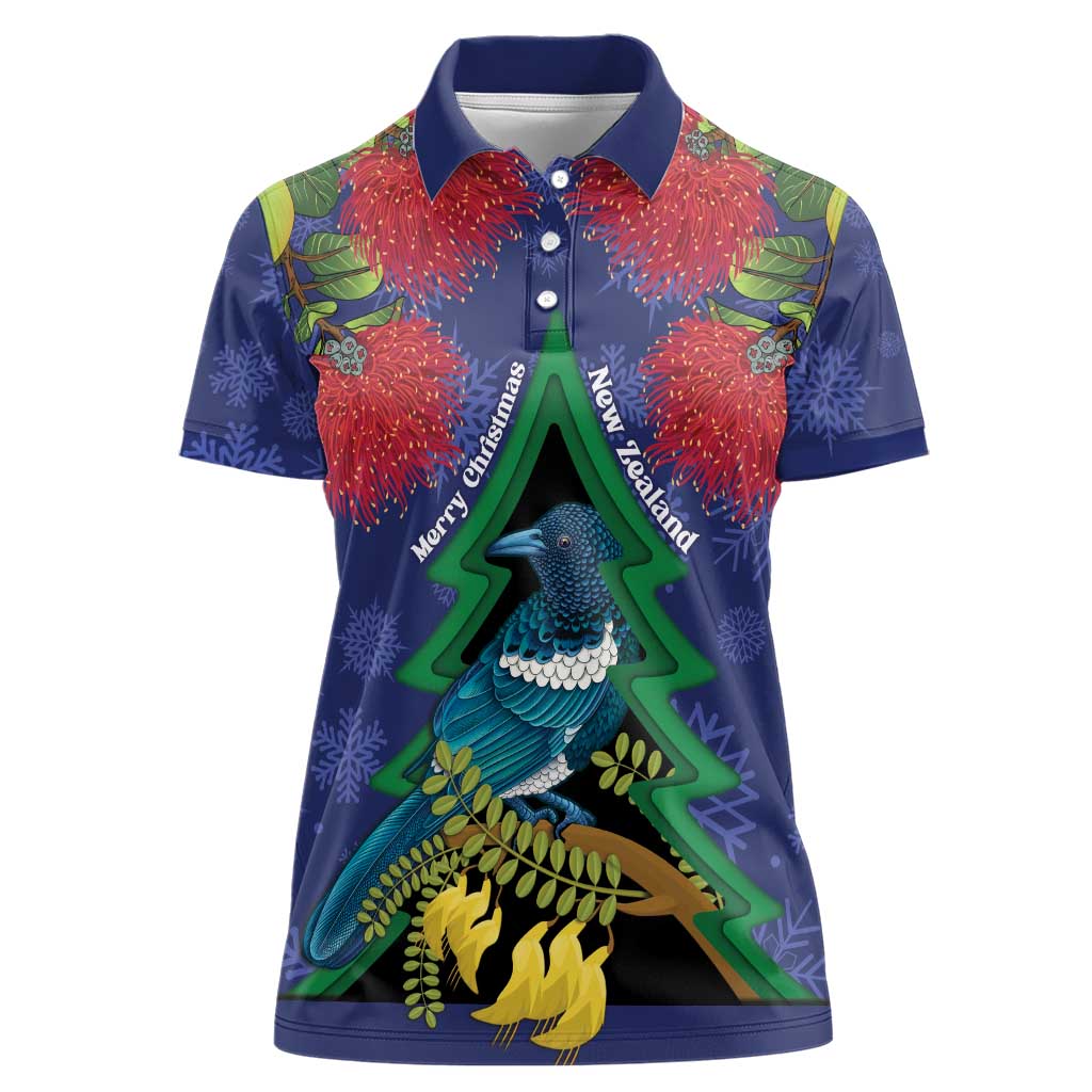 New Zealand Christmas In July Women Polo Shirt Kowhai Tui Bird With Pohutukawa - Blue LT14 Female Blue - Polynesian Pride