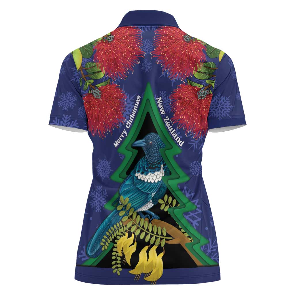 New Zealand Christmas In July Women Polo Shirt Kowhai Tui Bird With Pohutukawa - Blue LT14 - Polynesian Pride
