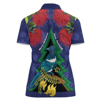 New Zealand Christmas In July Women Polo Shirt Kowhai Tui Bird With Pohutukawa - Blue LT14 - Polynesian Pride