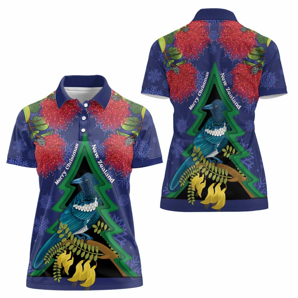 New Zealand Christmas In July Women Polo Shirt Kowhai Tui Bird With Pohutukawa - Blue LT14 - Polynesian Pride