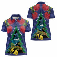 New Zealand Christmas In July Women Polo Shirt Kowhai Tui Bird With Pohutukawa - Blue LT14 - Polynesian Pride